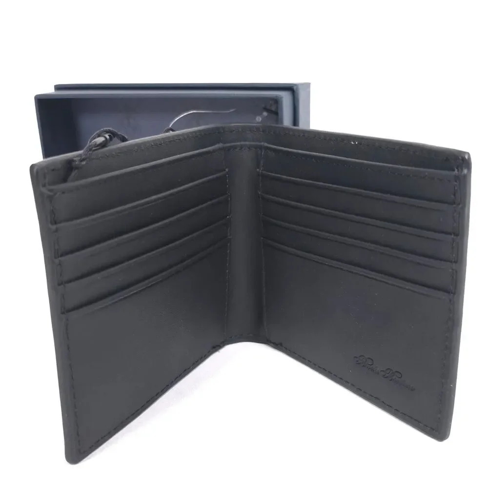 BROOKS BROTHERS Mens New Wallet Black Leather Bifold Card Slots Logo Gift Box